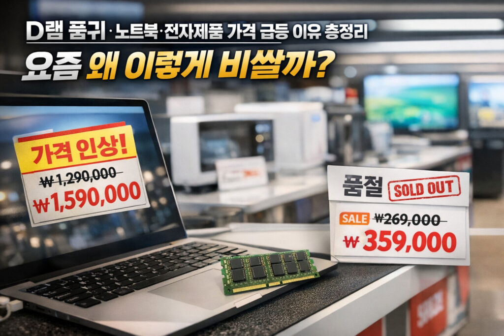 D램 품귀와 노트북 가격 상승을 보여주는 전자제품 매장 이미지