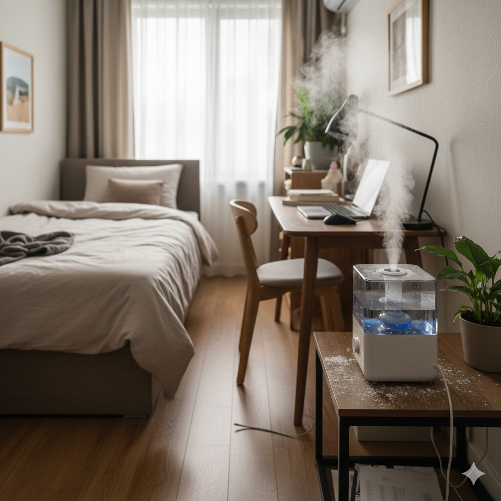 좁은 원룸에서 침대와 책상 가까이에 놓인 초음파 가습기 사용 환경