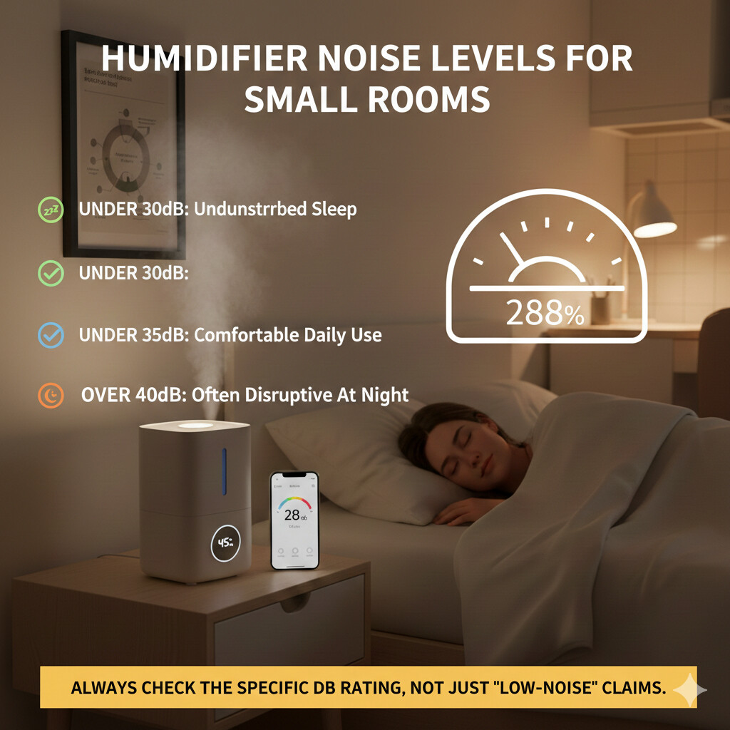 가습기 소음 수치를 데시벨 기준으로 비교한 저소음 설명 이미지
