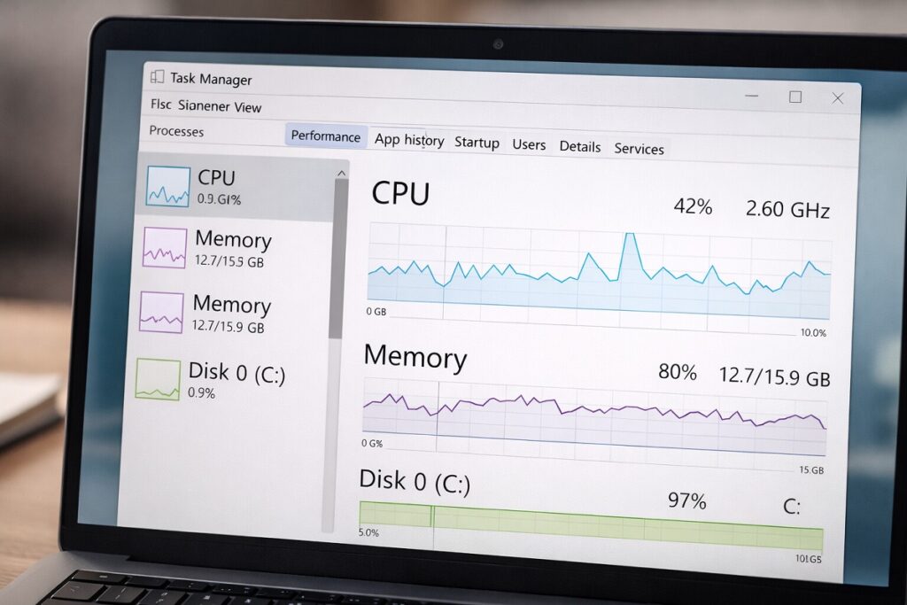 노트북 느려졌을 때 작업 관리자에서 CPU 메모리 확인