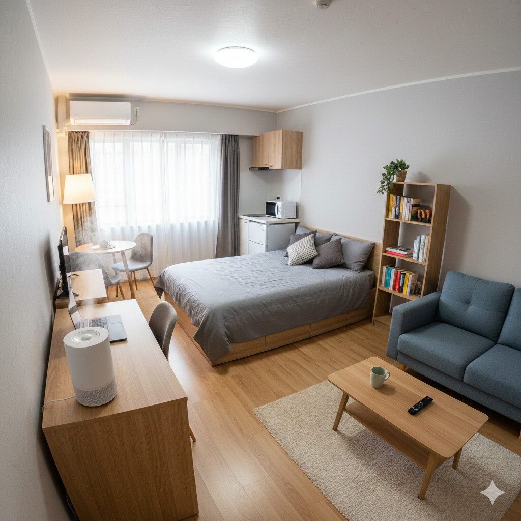 원룸 내부에 놓인 소형 가습기와 침대, 책상이 함께 있는 생활 공간
