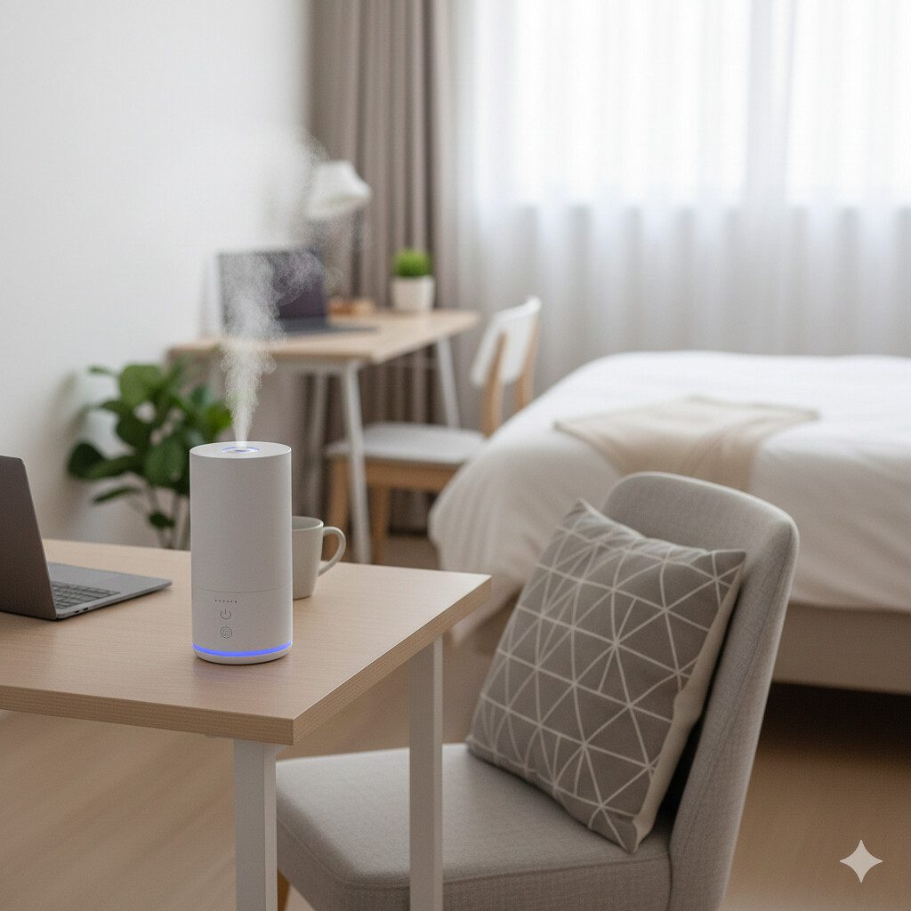 가습기를 사용 중인 깔끔한 원룸 실내 환경