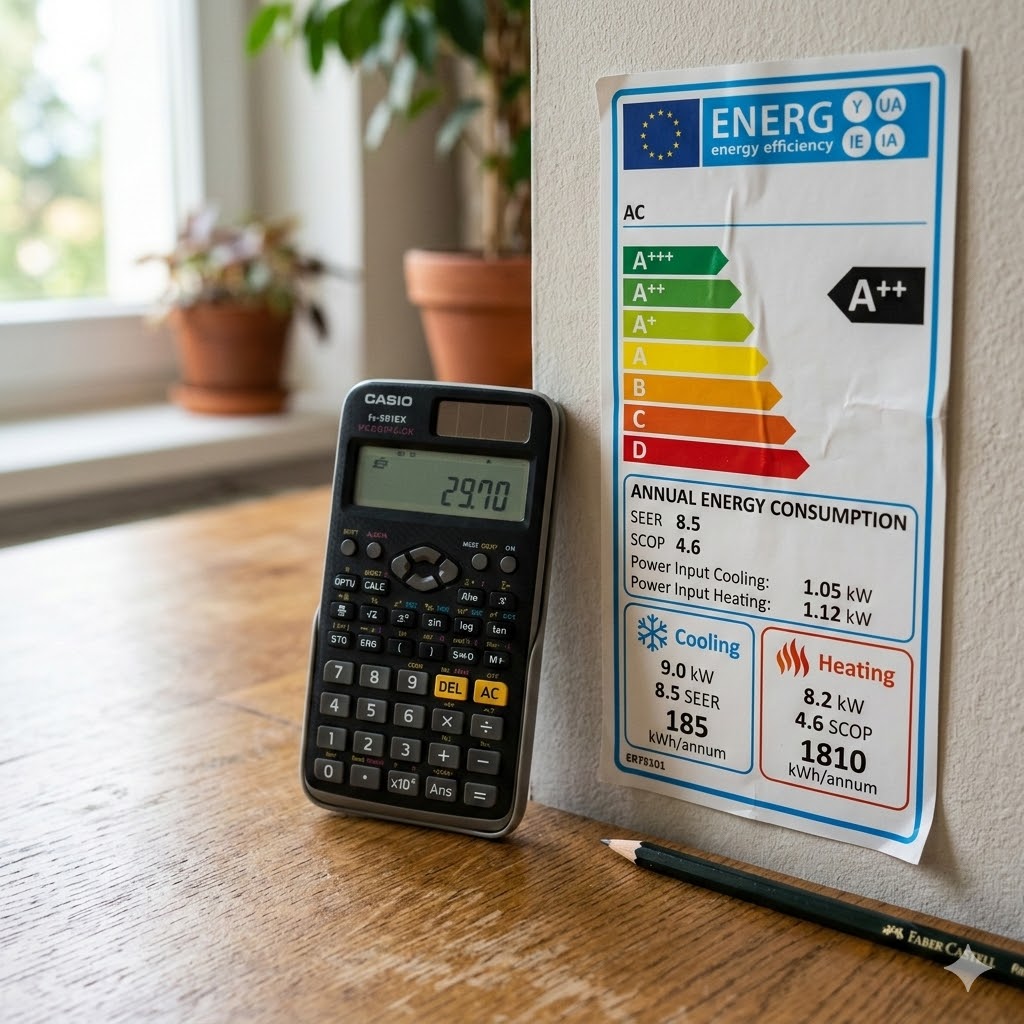 가전제품 전기요금 계산을 위한 에어컨 소비전력 확인 장면