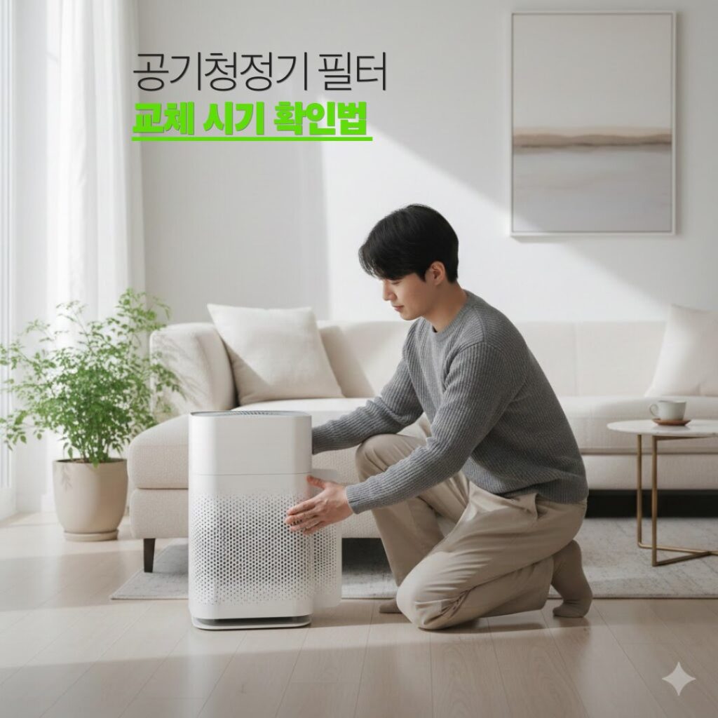 거실에서 사용하는 공기청정기 관리 모습