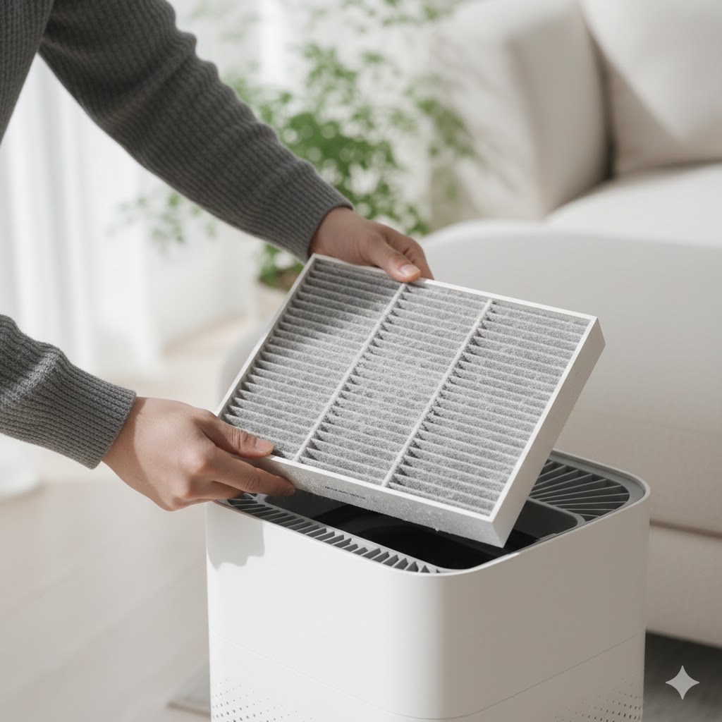 공기청정기 필터 상태를 직접 확인하는 모습