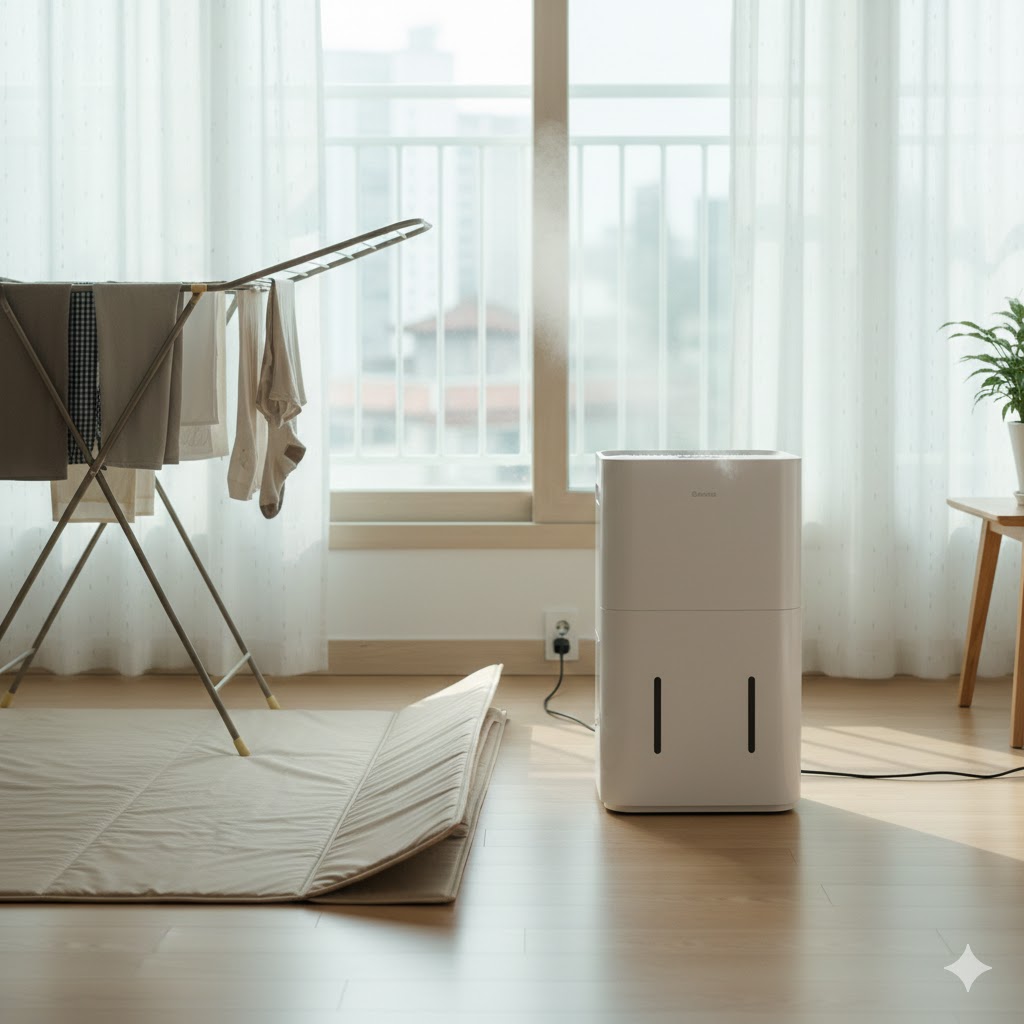 실제 생활 공간에서 장시간 가동되는 제습기 사용 환경 예시