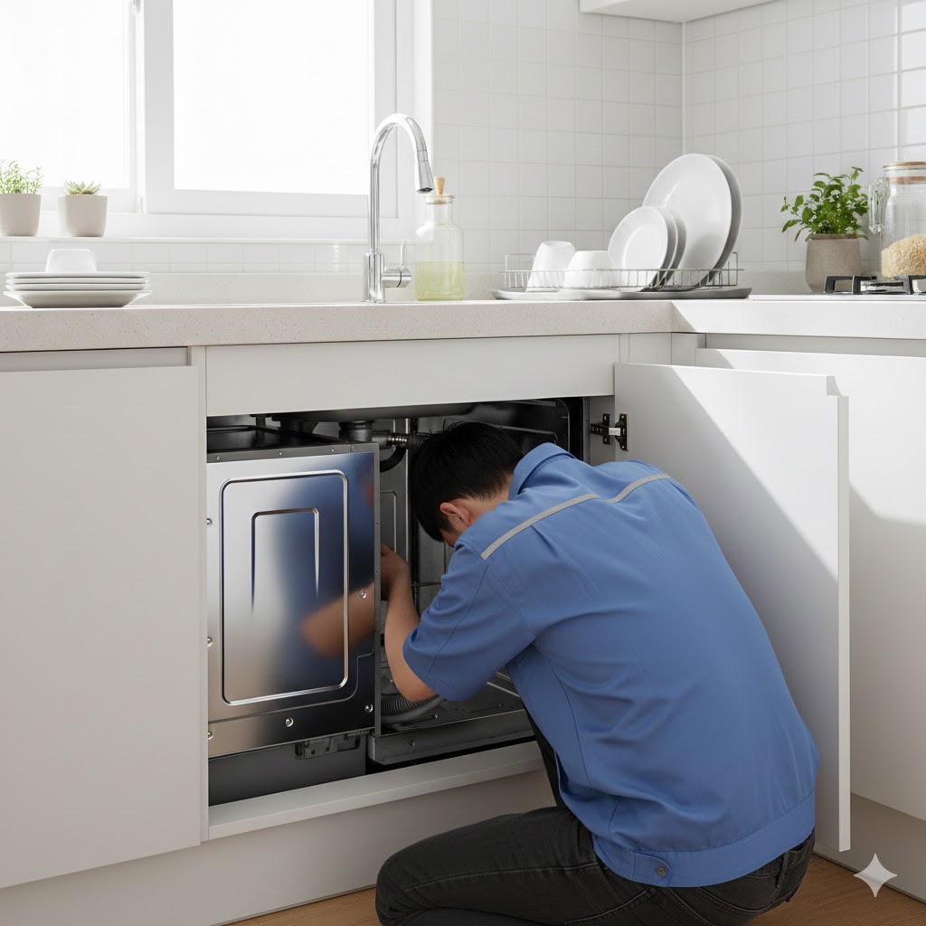 싱크대 하부장에서 식기세척기를 설치하는 실제 주방 환경 모습