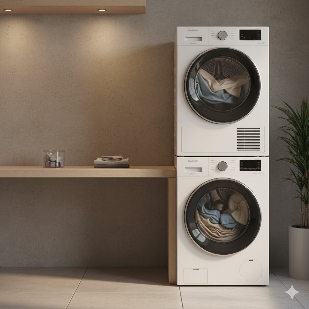 히트펌프 건조기 내부 구조와 드럼 세탁물 건조 장면을 보여주는 실사 스타일 이미지