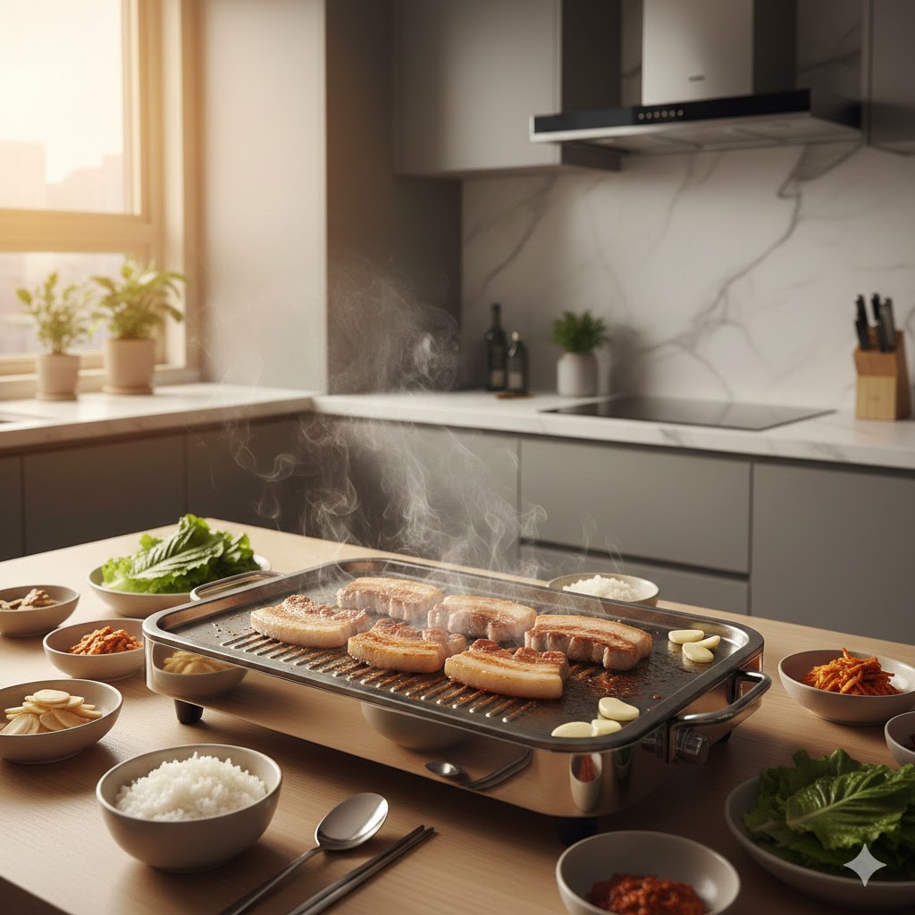 실내에서도 깔끔하게 즐기는 전기그릴 사용 장면
