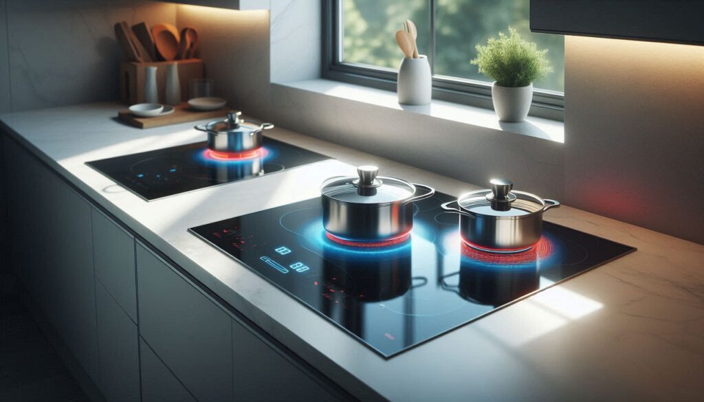 2026년형 인덕션과 하이라이트 전기레인지가 나란히 설치된 현대적인 주방 비교 이미지