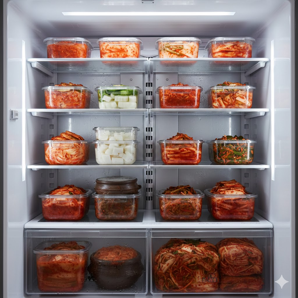 김치냉장고 내부 칸별로 김치통이 정리된 모습의 실사 이미지