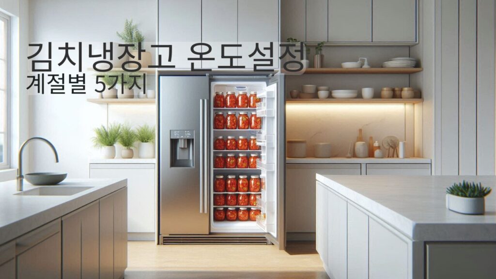 계절별 김치냉장고 온도 관리 장면을 표현한 실사 스타일 주방 이미지