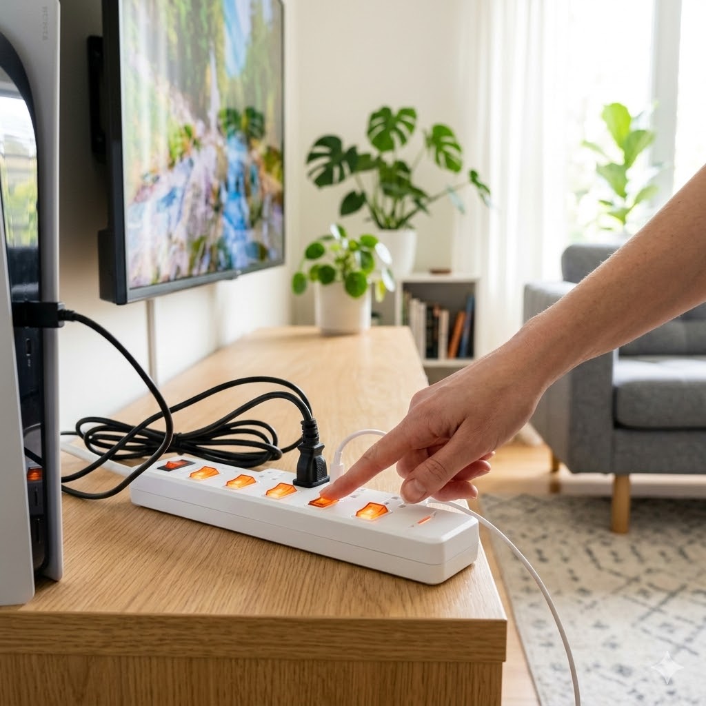 개별 스위치 멀티탭으로 대기전력 차단하는 모습