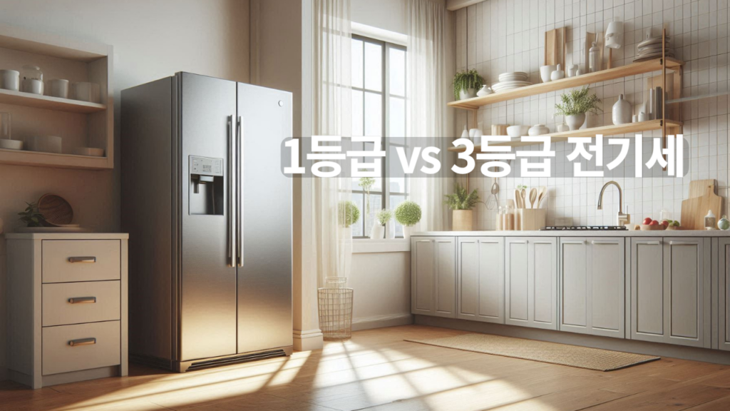 주방에 설치된 최신형 양문형 냉장고와 전력 사용량을 비교하는 분위기의 실사 느낌 이미지