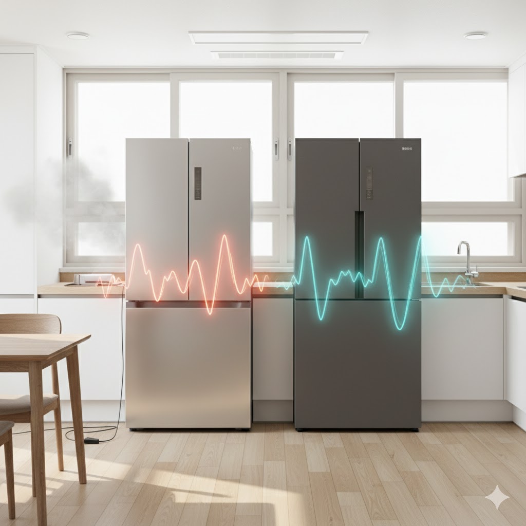 두 대의 냉장고가 나란히 배치된 전력 소비 비교 느낌의 현실적인 주방 장면
