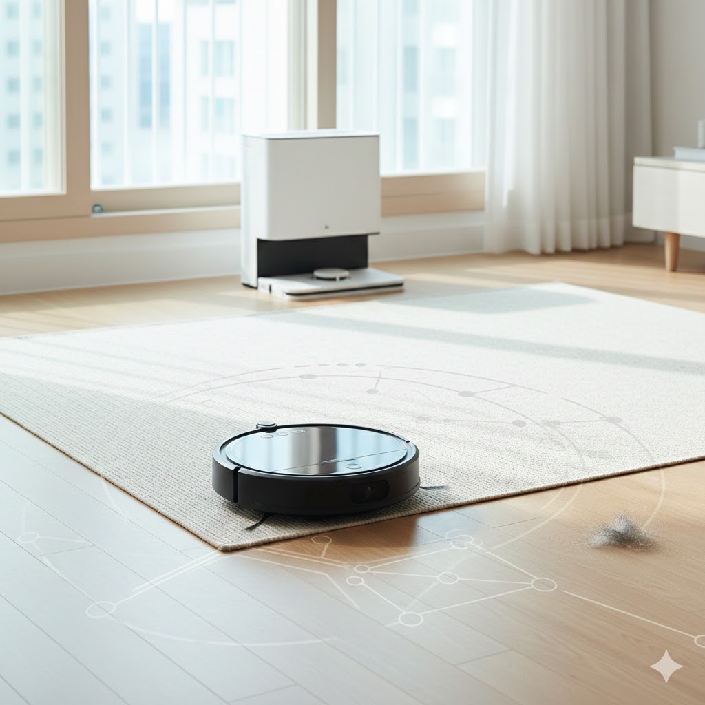 2026년 가성비 로봇청소기 선택 포인트(흡입력·물걸레·배터리·AI센서)를 한 장에 직관적으로 보여주는 실사용 분위기 이미지