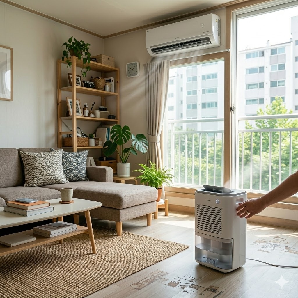 여름철 에어컨과 제습기를 동시에 사용하는 가정 내부 모습