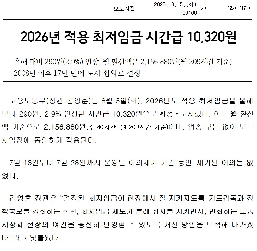 2026년 최저임금 10,320원 확정 고용노동부 공식 고시 화면