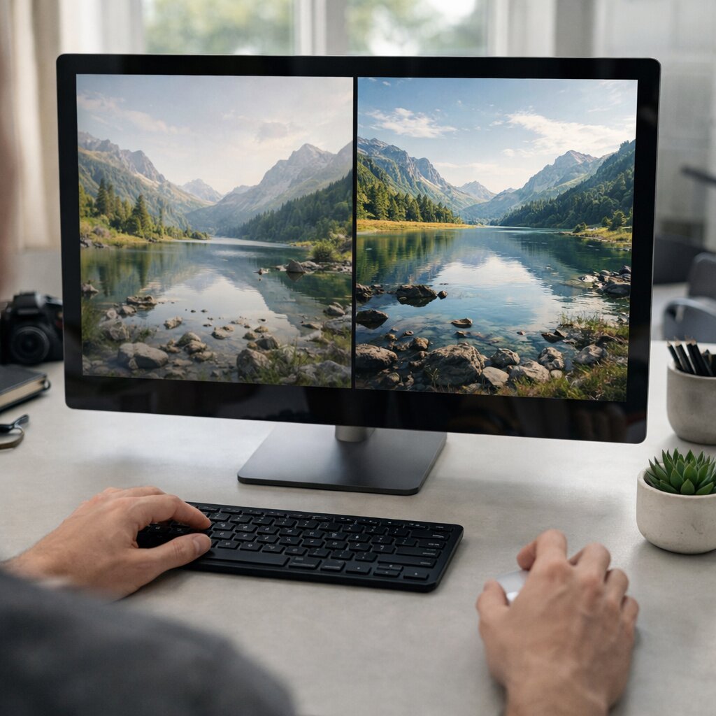 AI 이미지 생성 활용 방법에서 프롬프트 개선 전후 차이를 보여주는 실사형 비교 이미지