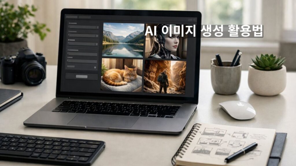 AI 이미지 생성 활용 방법을 보여주는 실사형 콘텐츠 제작 작업 이미지
