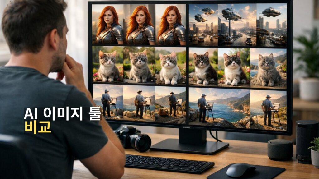 AI 이미지 생성 툴 비교를 보여주는 실사형 디지털 작업 환경 이미지