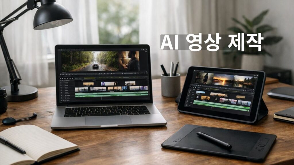 AI 영상 제작 활용 사례와 콘텐츠 만드는 방법을 보여주는 실사형 작업 환경 이미지