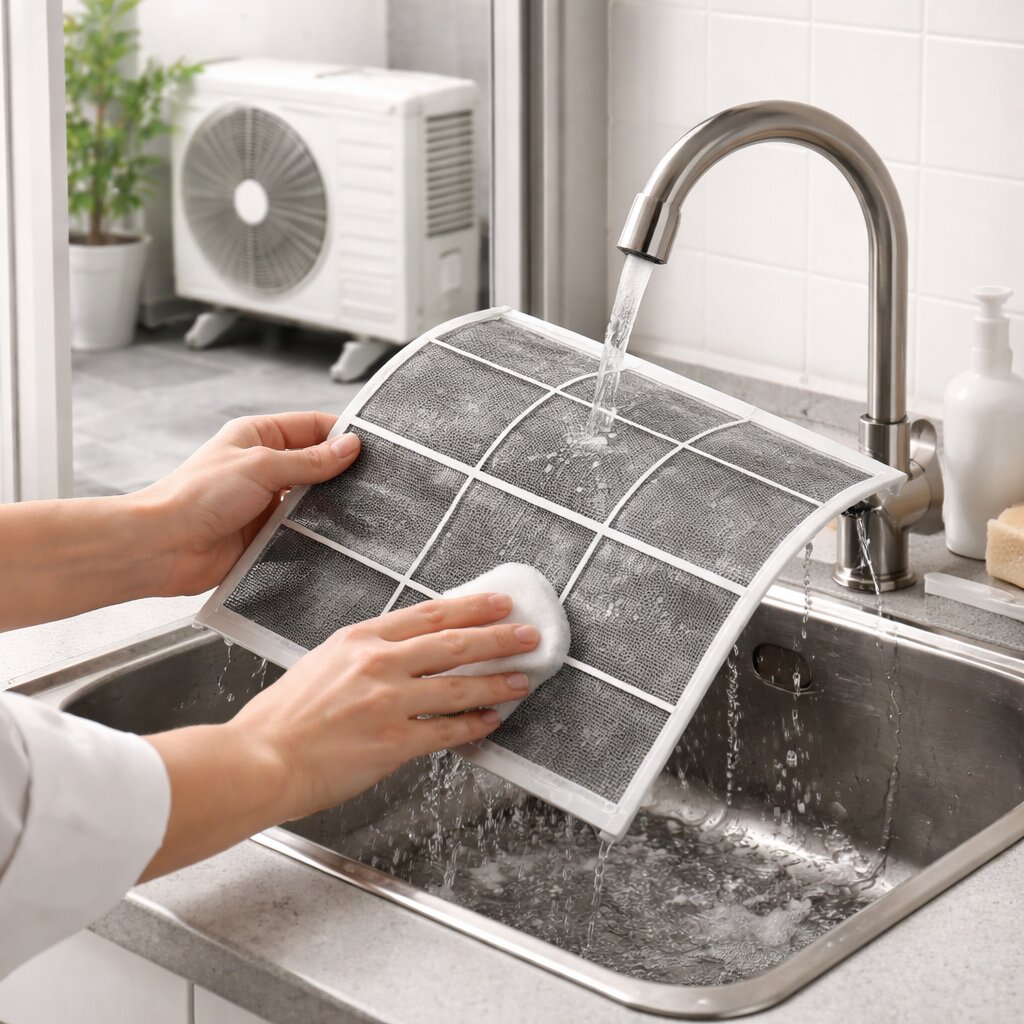 에어컨 전기세 줄이는 설정 방법과 필터 청소 및 실외기 통풍 관리 장면을 보여주는 실사형 이미지