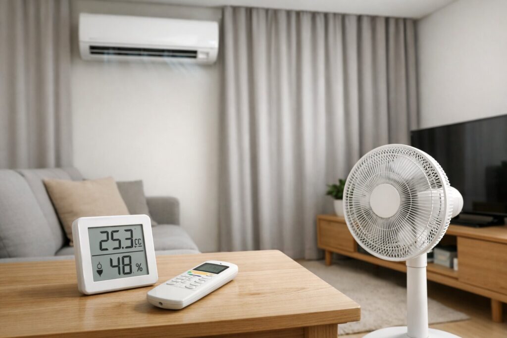 에어컨 전기세 줄이는 설정 방법을 보여주는 여름철 실사형 썸네일 이미지