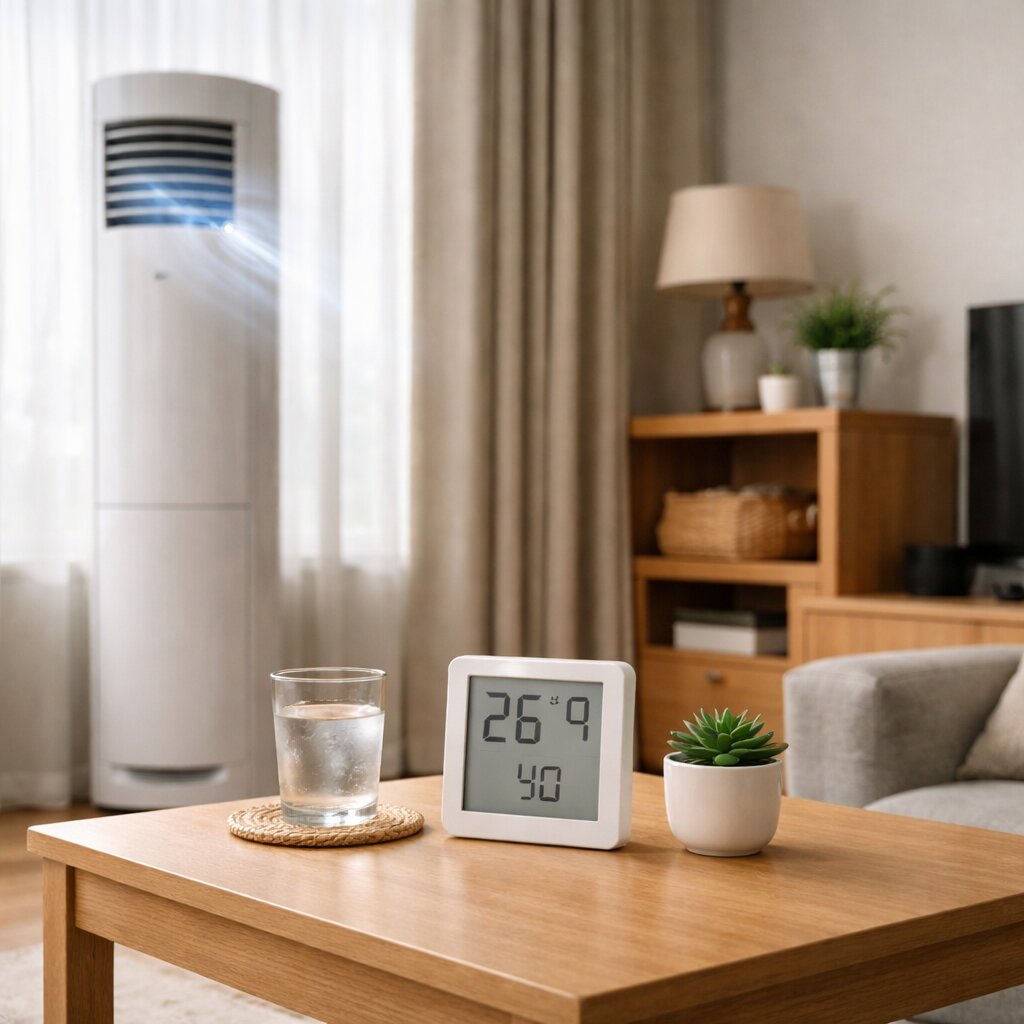 에어컨 하루 몇 시간 사용 기준과 실내 온도 설정 방법을 보여주는 거실 에어컨 화면