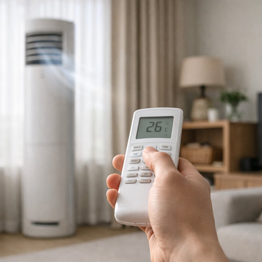 인버터 에어컨 사용 전략과 계속 켜기 vs 껐다 켜기 비교를 보여주는 에어컨 리모컨 조작 장면