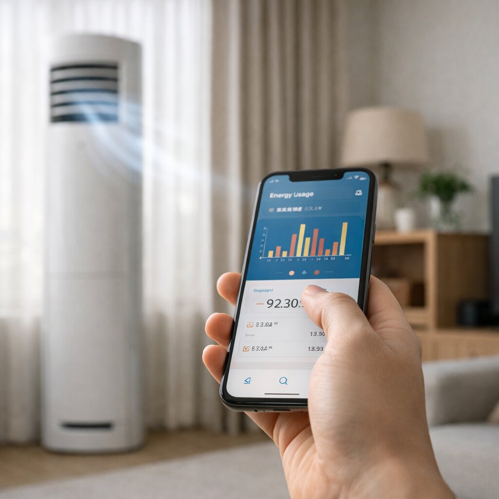 에어컨 하루 몇 시간 사용 시 전기세와 냉방 효율을 비교하는 전력 사용 확인 장면