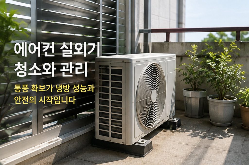 환기창이 열린 실외기실의 에어컨 실외기 관리 모습