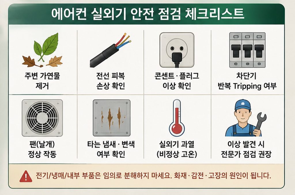 에어컨 실외기 전선과 가연물 및 환기 상태 안전 점검