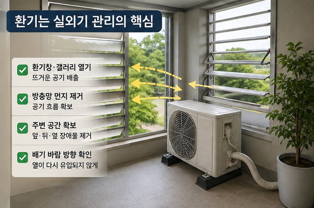 실외기실 환기창을 열고 주변 장애물을 제거한 모습