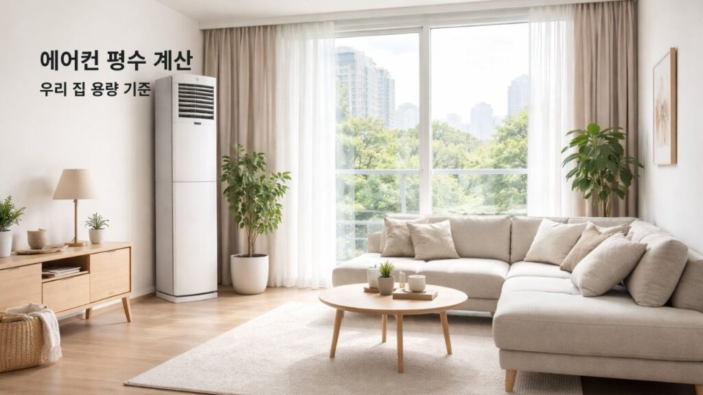 에어컨 평수 계산 방법과 우리 집 냉방면적 기준을 보여주는 실사형 거실 에어컨 정보 이미지