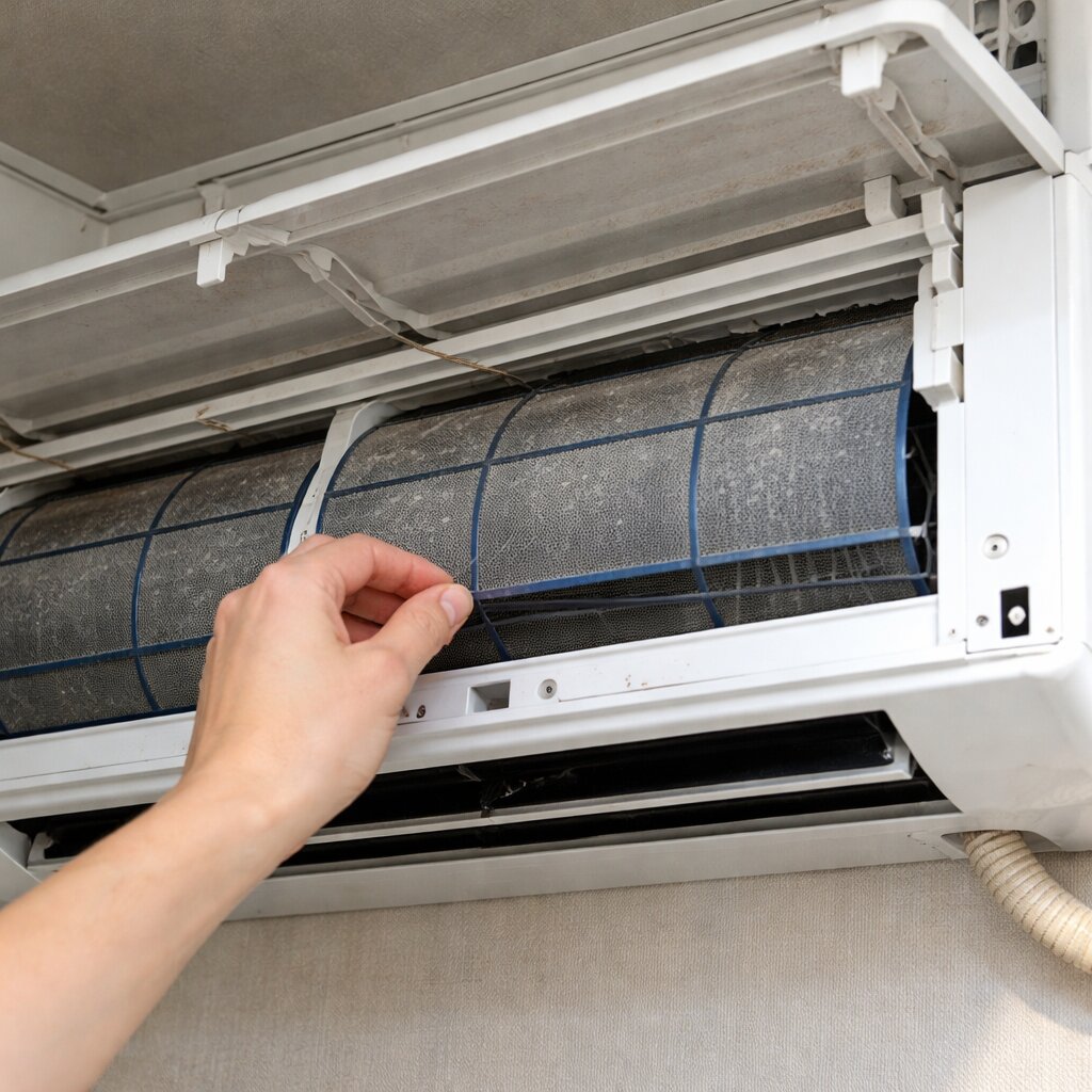 에어컨 물 떨어지는 이유 점검 중 필터 오염과 결로 상태 확인 장면