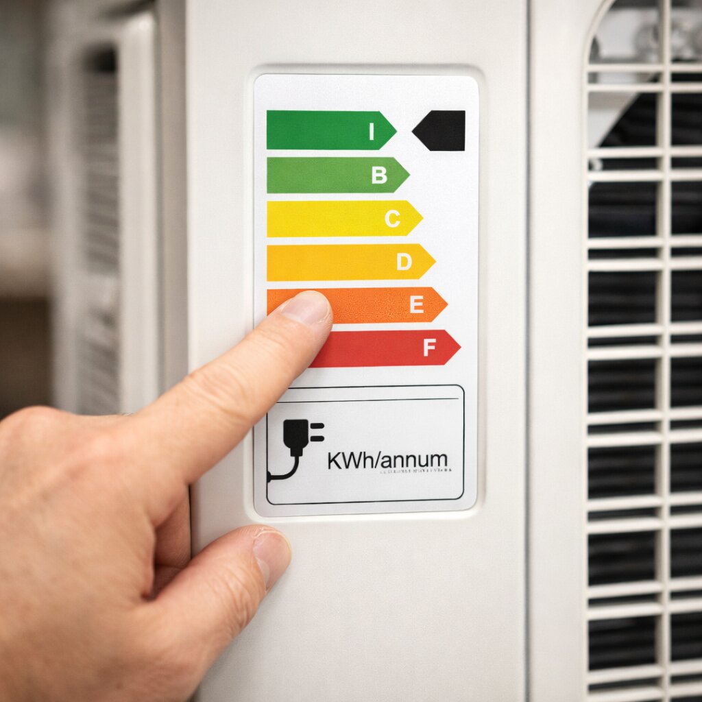 인버터 정속형 에어컨 차이 확인을 위한 에너지라벨과 소비전력 스티커 점검 장면