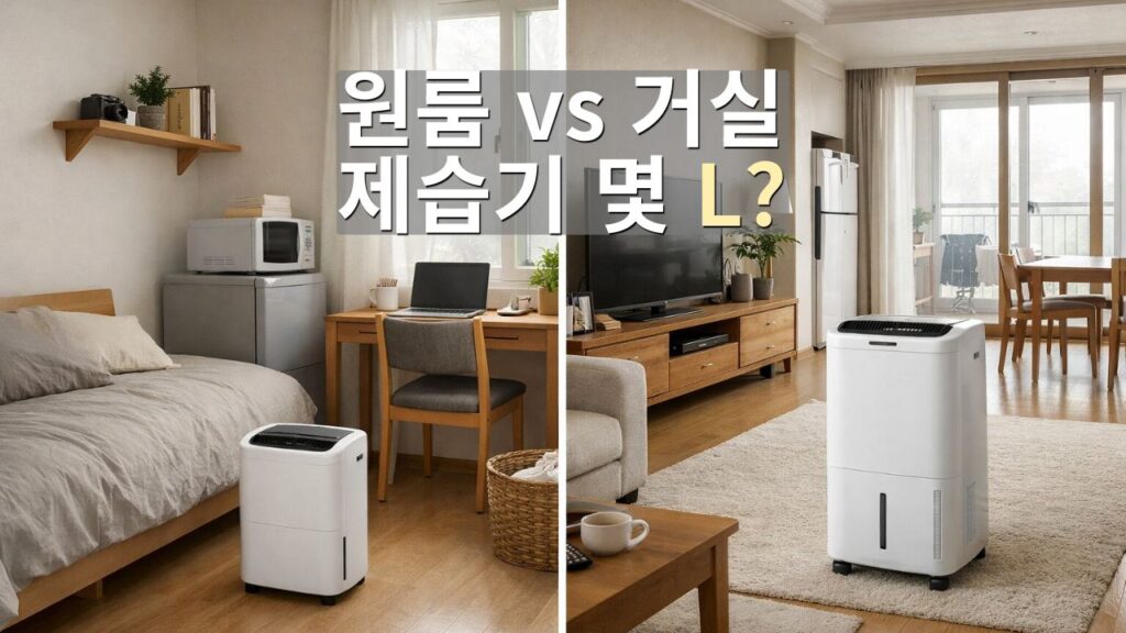 제습기 용량 기준을 비교하는 원룸과 거실 실사형 정보 이미지
