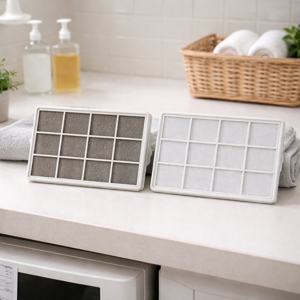 제습기 냄새 해결 방법으로 필터 청소 과정을 보여주는 실사형 이미지