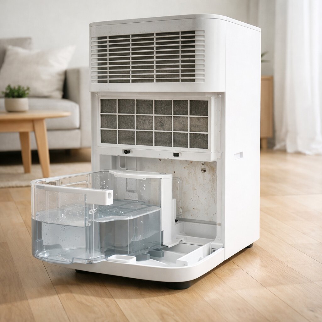 제습기 냄새 원인과 물통 필터 내부 습기 구조를 설명하는 실사형 이미지