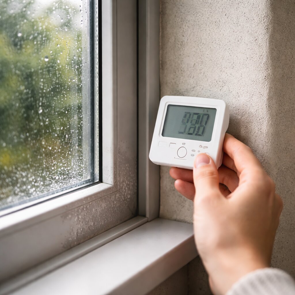 에어컨 제습과 제습기 사용 전 창가 결로 위험 구역 습도 점검 장면