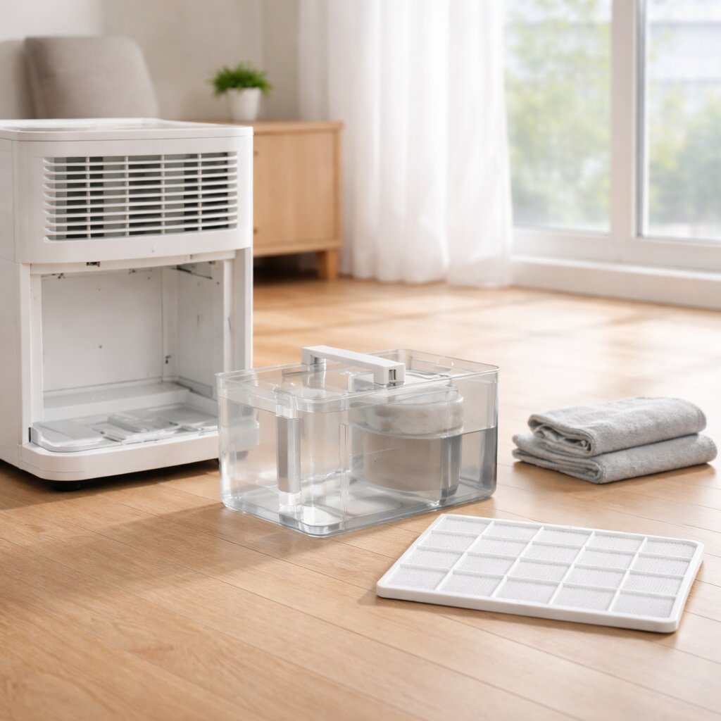 제습기 냄새 제거 방법과 물통 건조 관리 장면을 보여주는 실사형 이미지
