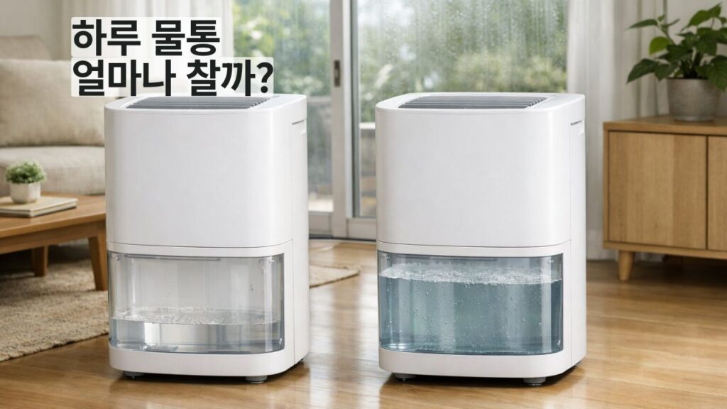 제습기 물통 하루에 얼마나 차는지 습도와 사용량 기준을 보여주는 실사형 썸네일 이미지