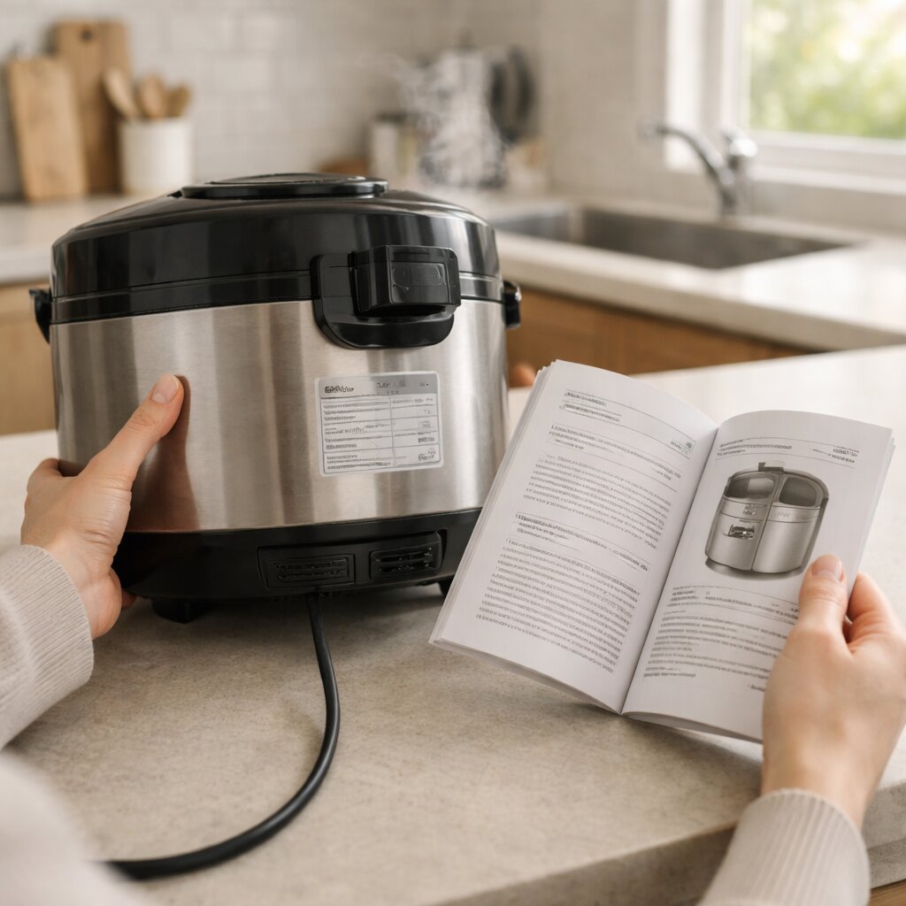 전기밥솥 전기세 계산을 위해 소비전력 라벨을 확인하는 장면