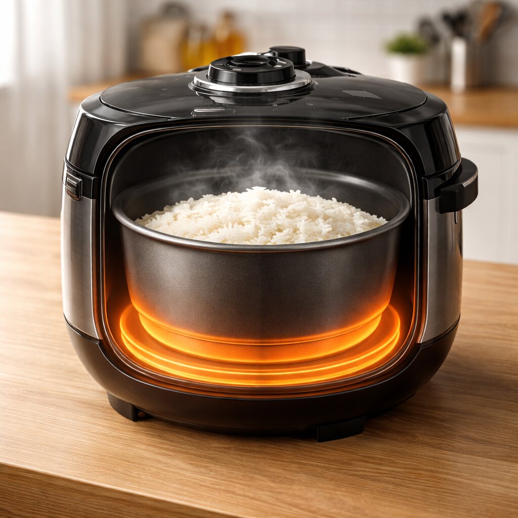  IH 전기밥솥 가열 방식 장점을 설명하는 전기밥솥 내부 구조 이미지