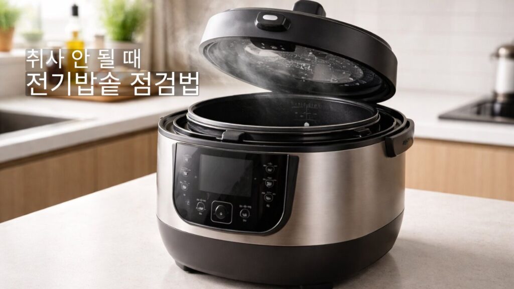 전기밥솥 고장 증상과 취사 불량 원인을 보여주는 실사형 썸네일 이미지
