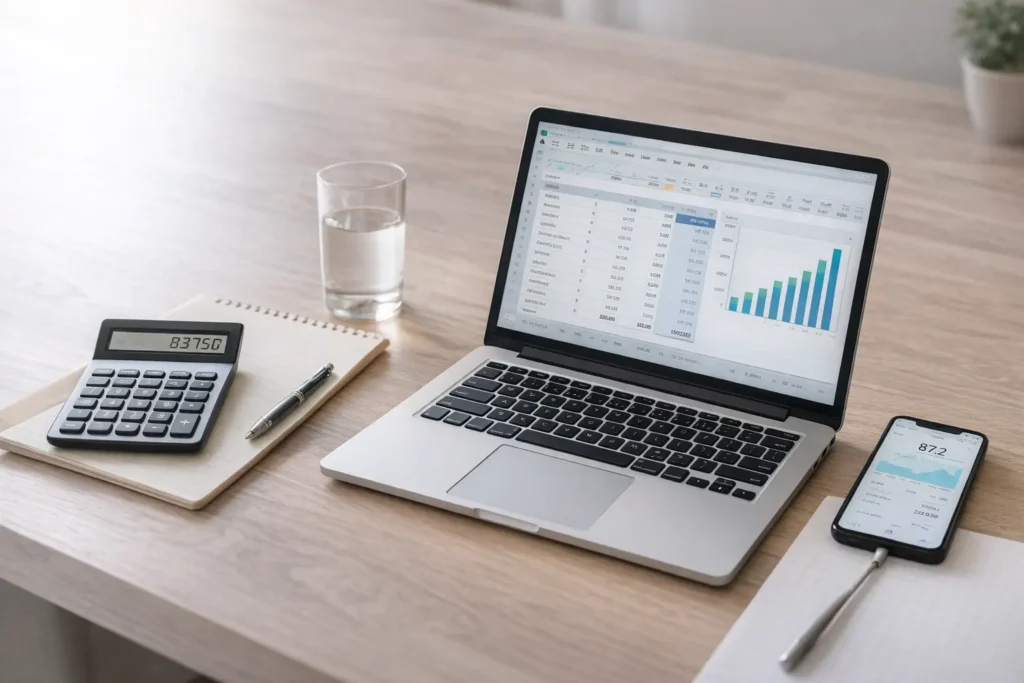 전기요금 계산 작업 환경 노트북과 계산기로 가전제품 소비전력과 전기요금을 계산하는 작업 환경