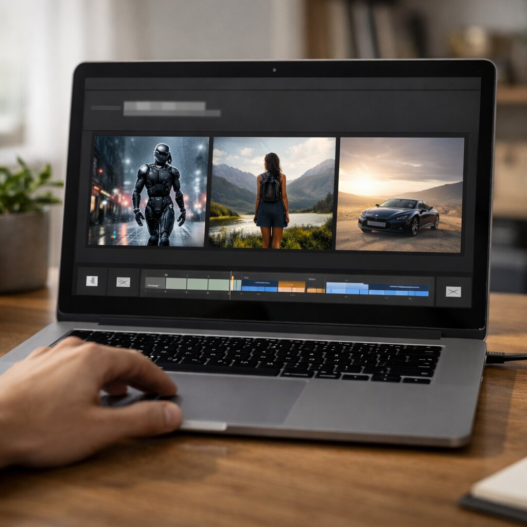 무료 AI 영상 제작 과정 예시와 초보자 편집 흐름을 보여주는 실사형 이미지