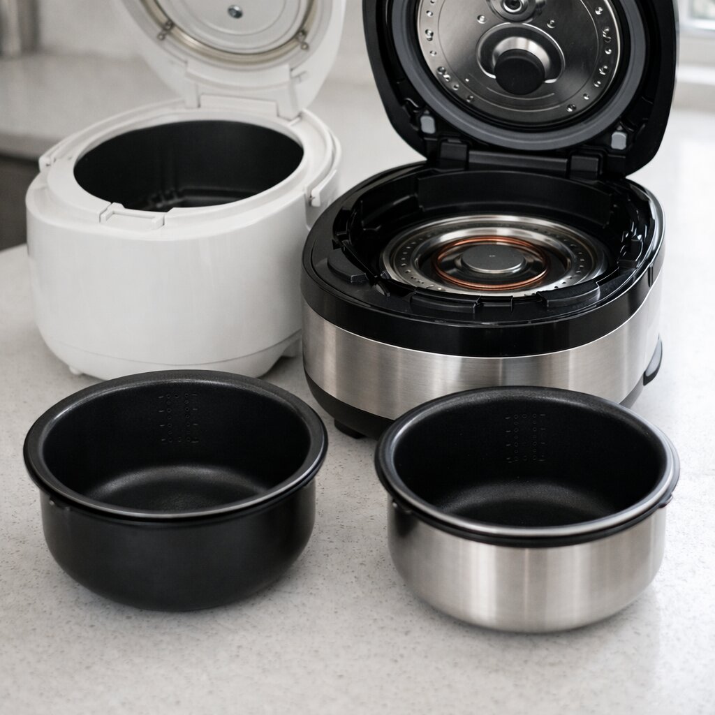 열판형 밥솥과 IH 밥솥의 하부 구조 차이를 보여주는 비교 실사 사진