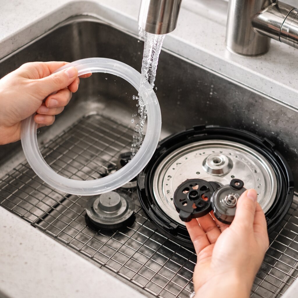 압력밥솥 패킹과 증기구를 분리해 세척하는 실사 장면